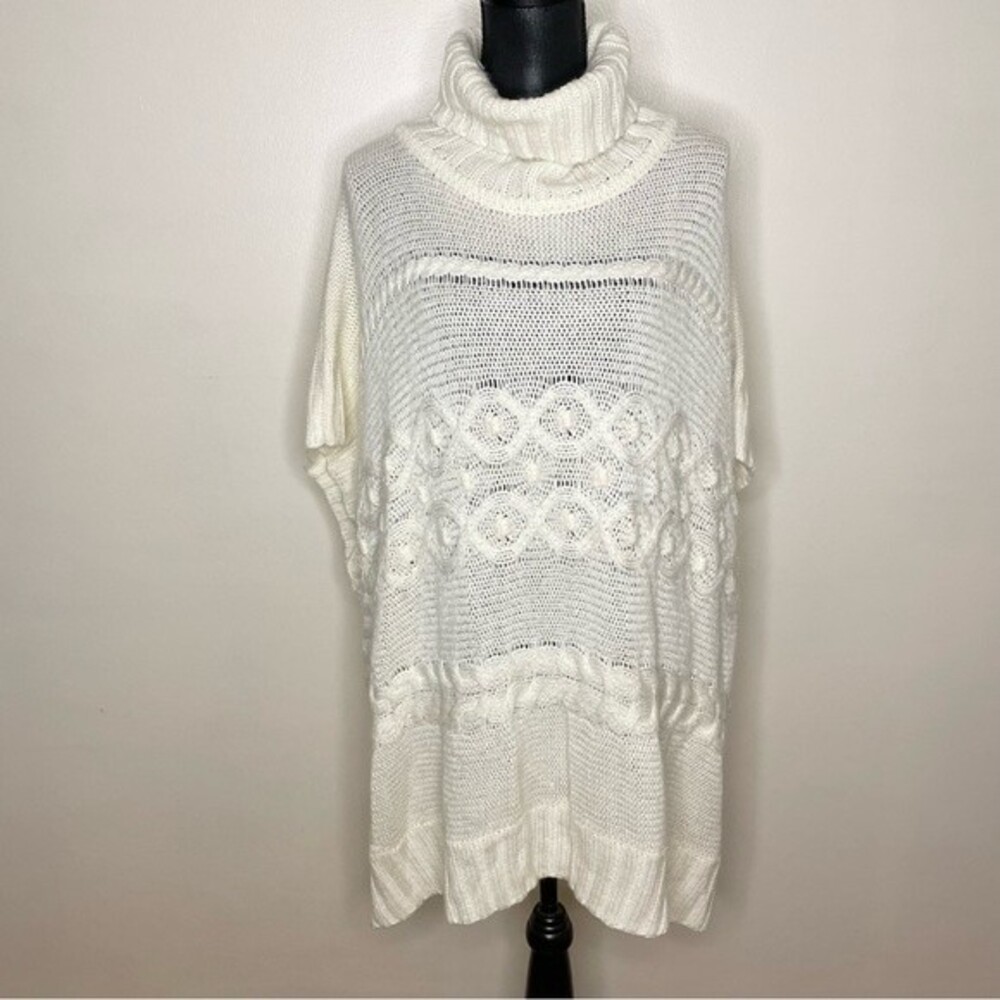 Loft Sweater Poncho Cable Knit Turtleneck Tunic Acrylic Ivory Size Medium Large